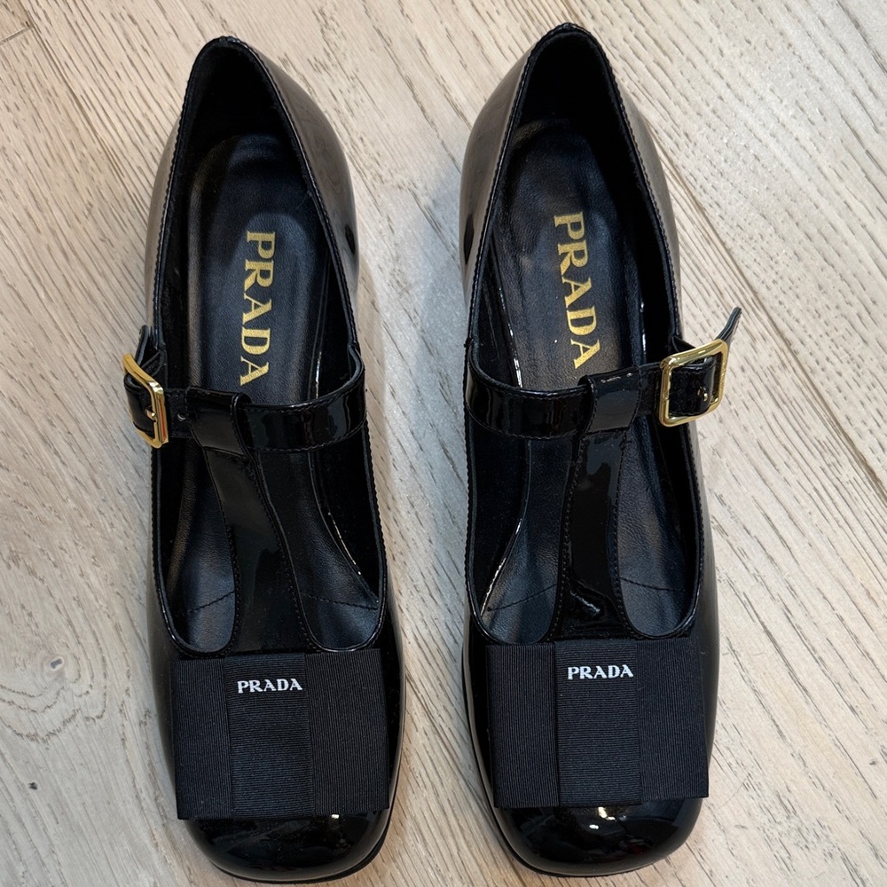 Prada Black Patent Leather Heels with Gold Buckle